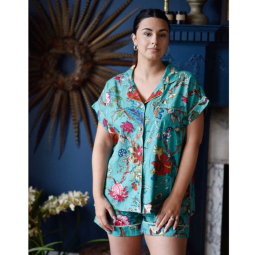 Teal Exotic Flower Short Pyjama Set With Piping