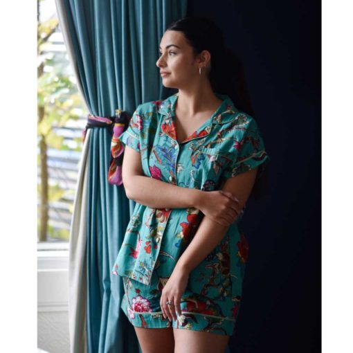 Teal Exotic Flower Short Pyjama Set With Piping