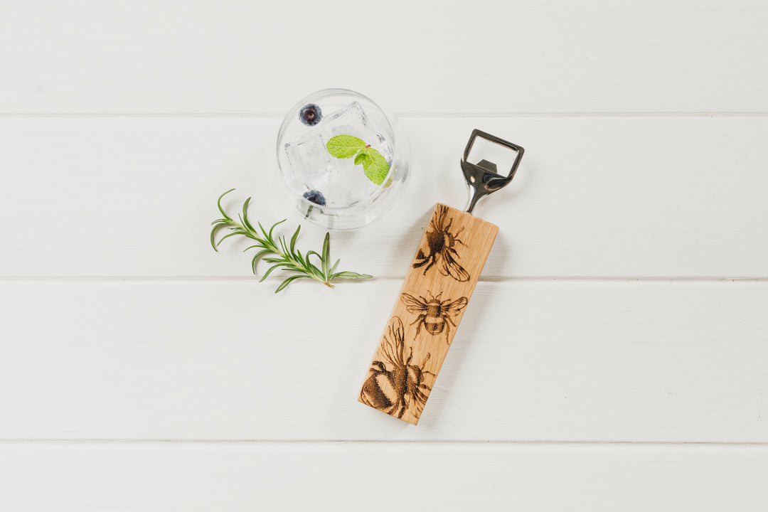 Etched Bee Oak Bottle Opener
