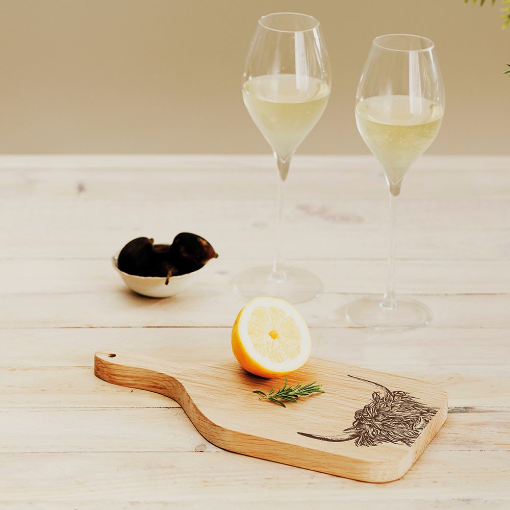 Small Etched Scenic Highland Cow Oak Hanging Paddle