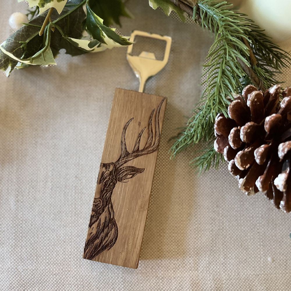 Etched Stag Oak Bottle Opener
